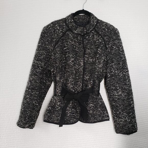 Sandro Jackets & Blazers - Sandro Sportswear Tweed Belted Boucle Jacket Womens XL Petite Black White Blazer